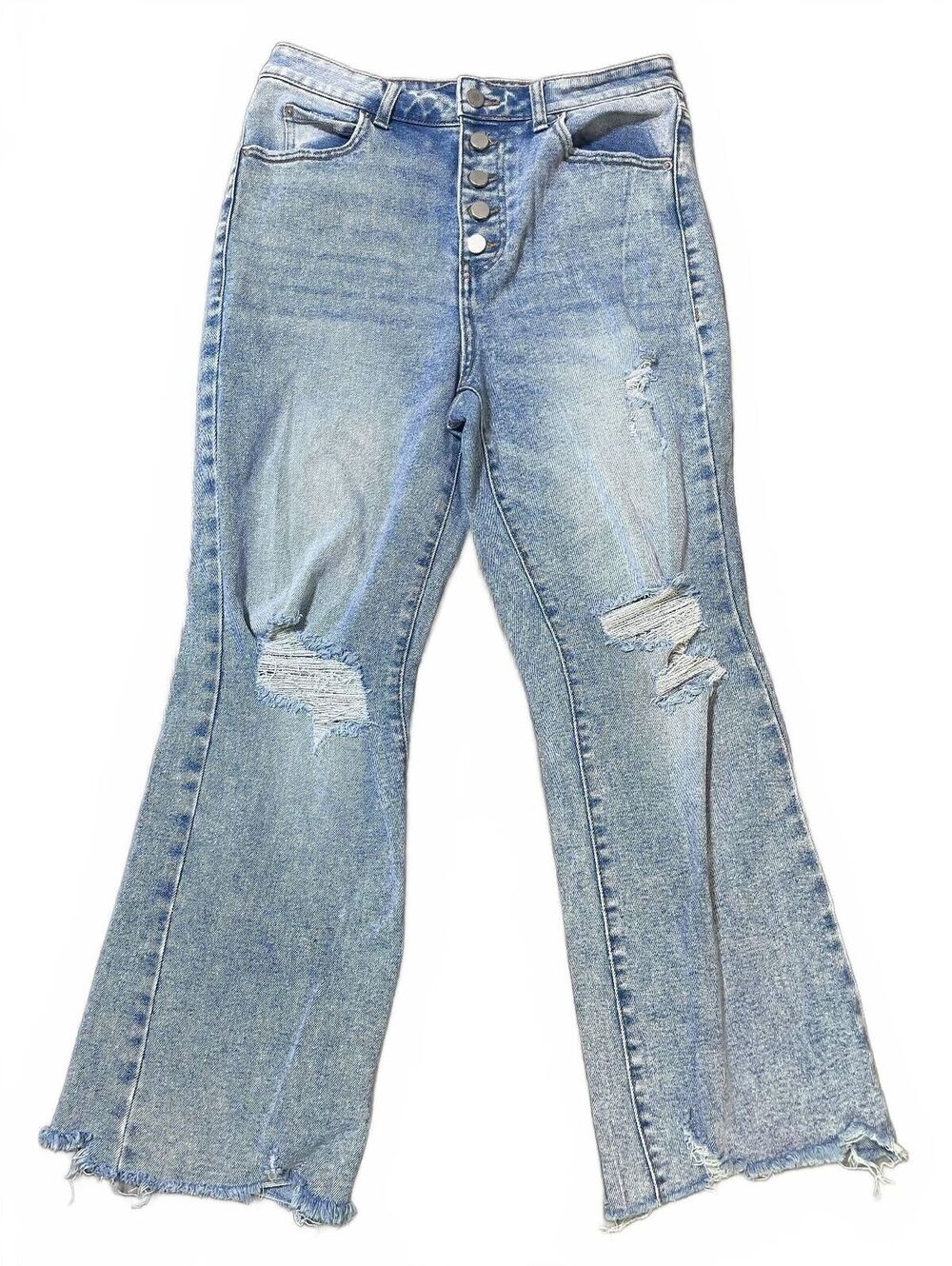 Tinseltown Women’s Buttondown Light Wash High Waist Distressed Crop Jean Sz 9